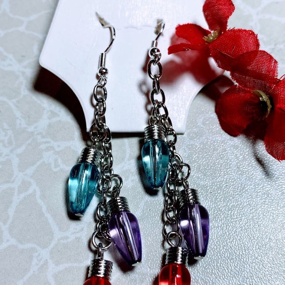 Blue purple red Christmas light bulb earrings - Picture 2 of 3